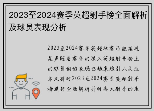 2023至2024赛季英超射手榜全面解析及球员表现分析