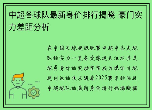 中超各球队最新身价排行揭晓 豪门实力差距分析